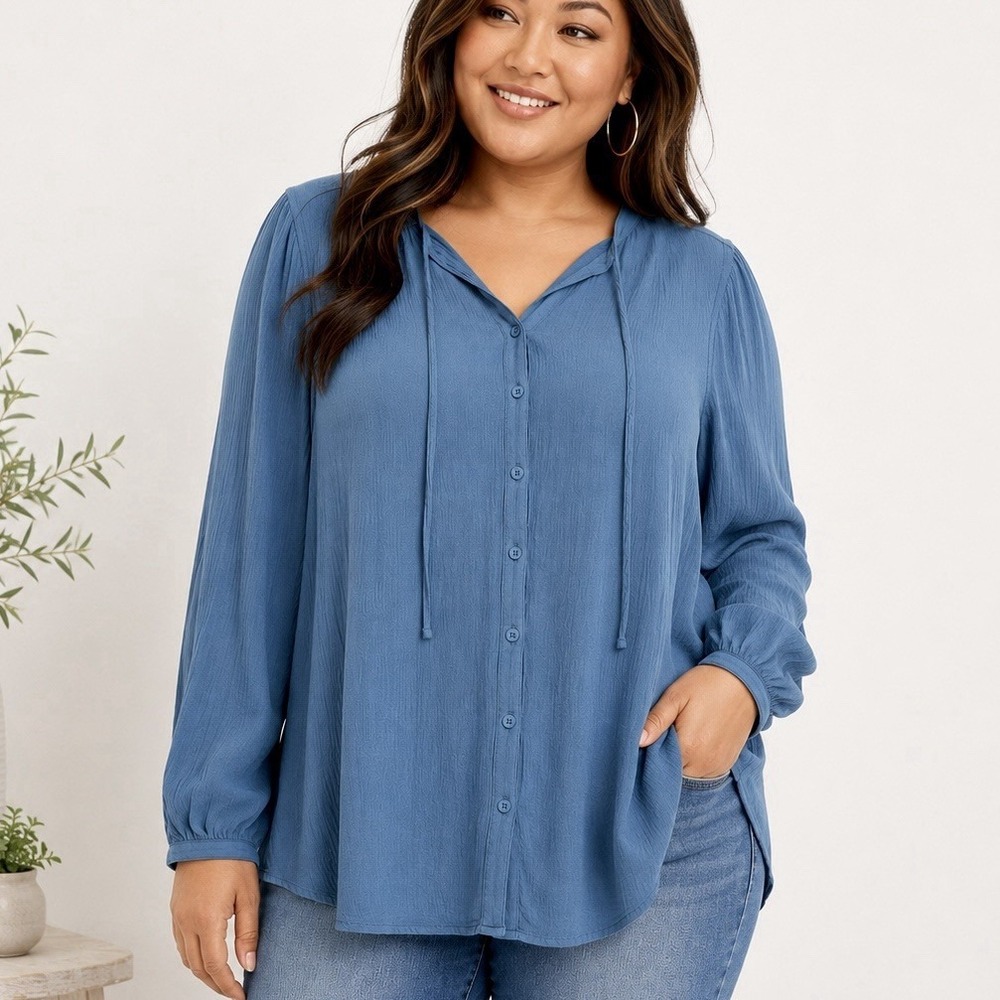 Torrid Blue Crinkle Gauze Rayon Tie Neck Button Front Blouse 2X Boho Peasant